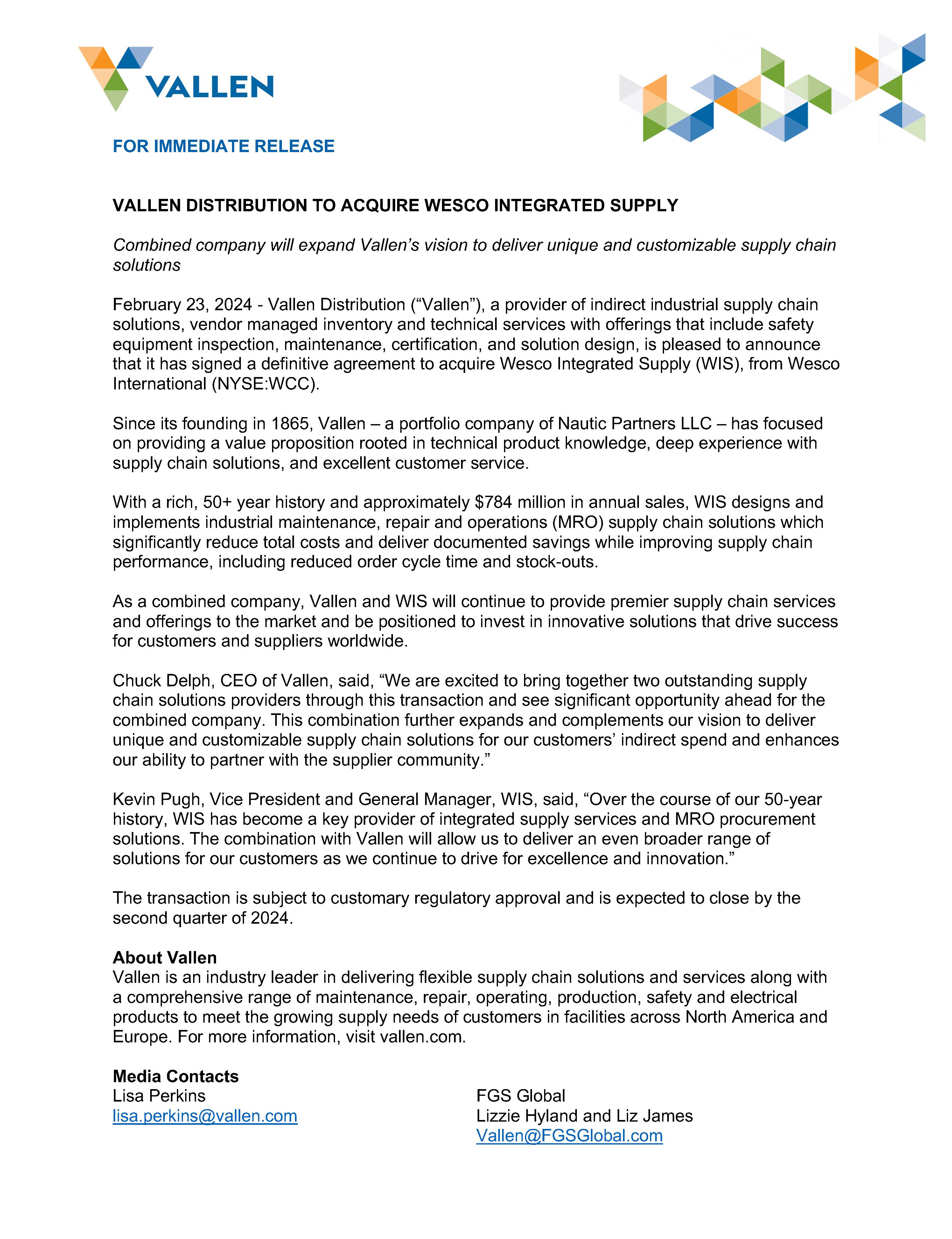 VALLEN DISTRIBUTION TO ACQUIRE WESCO INTEGRATED SUPPLY